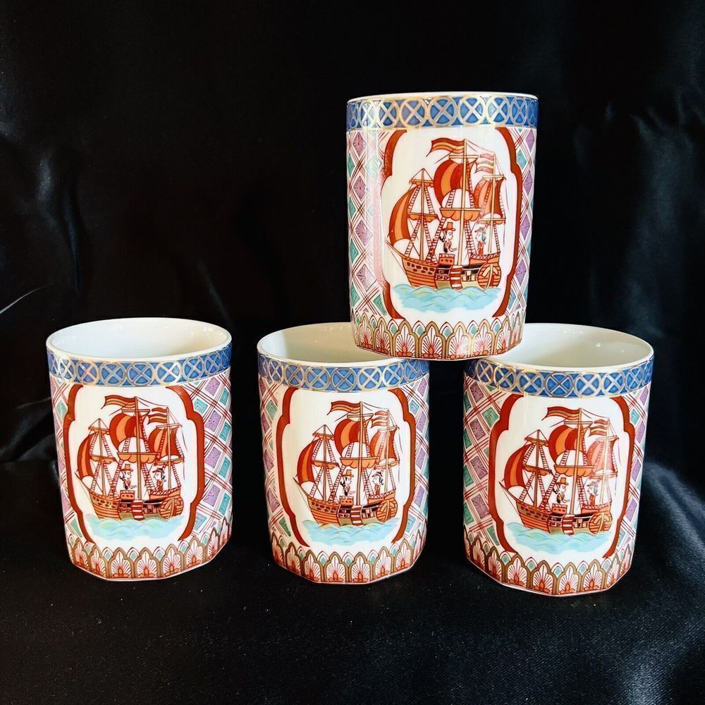 RARE 4 Vintage Imari Arita Cocktail Cups Ship Sea Japanese Ware Japan Hand Paint